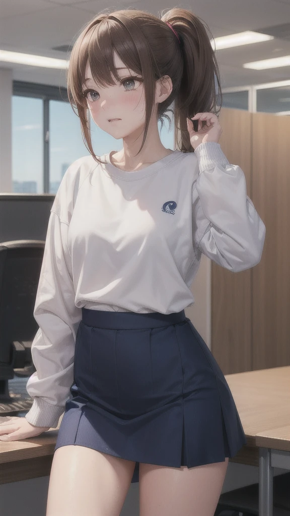 Highest quality , High resolution , Detailed CG , ponytail , White sweatshirt、 Navy Blue Skirt , Modest chest , Light brown hair , Two limbs , Optimal ratio , Embarrassed expression , My cheeks feel hot , office , to touch one&#39;unite your chest&#39;With my own hands , Facial expression when orgasm is reached , whole body , Panty shot、(Lift up your skirt)、Light blue lace panties、Open your legs