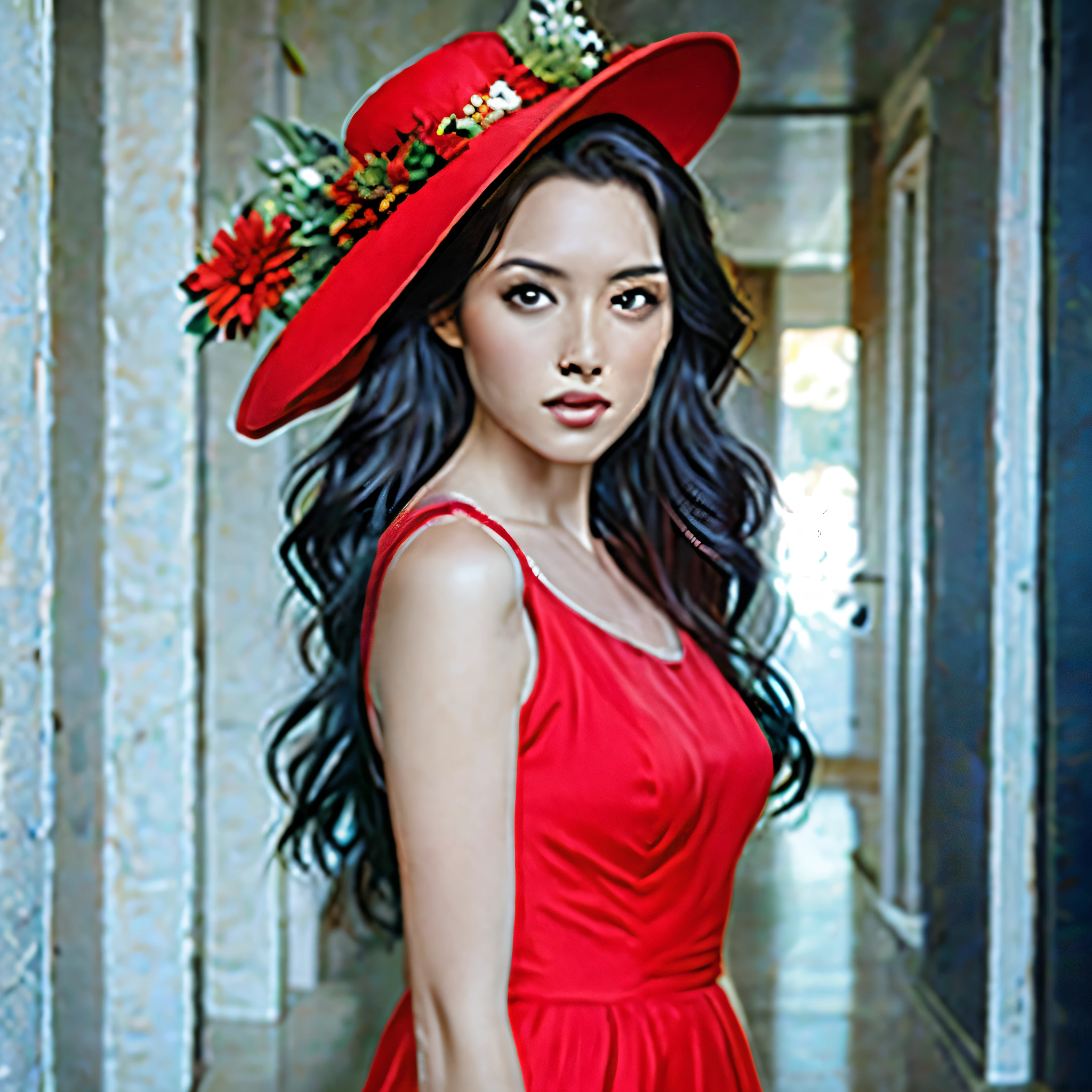 (work of art, best qualityer:1.2), 1 girl, Alone a beautiful woman in long red dress and chadrez with a straw hat on her head 