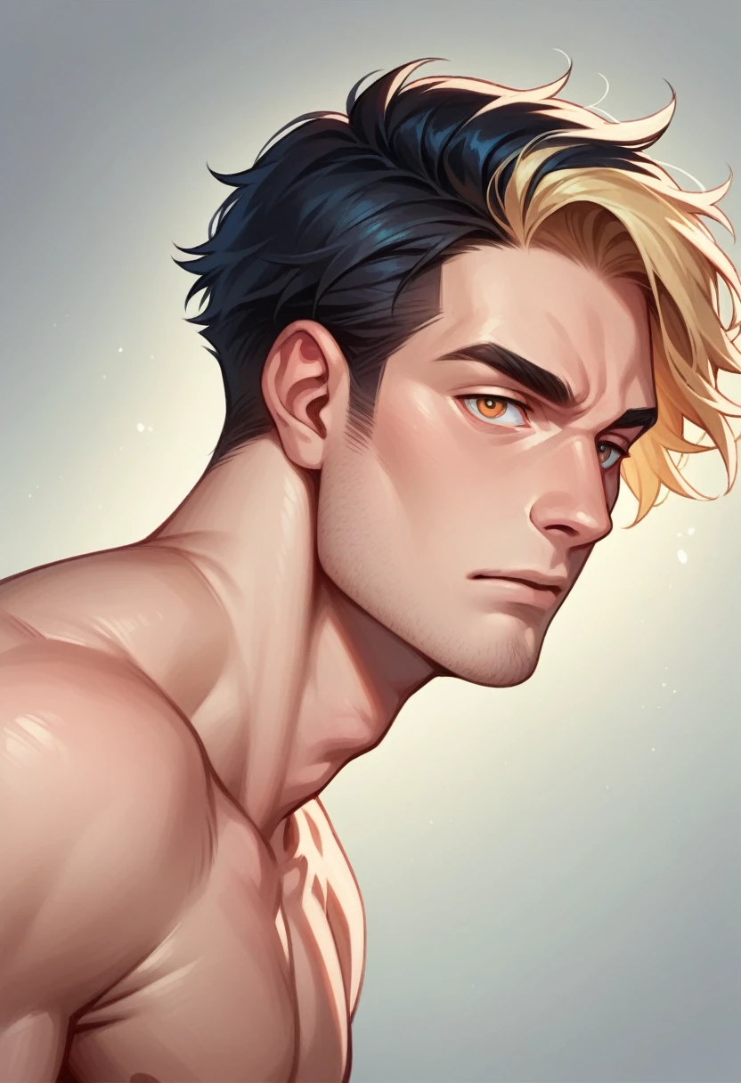 Animated realistic digital illustration of beautiful blonde girl mesmerizing blue eyes and loose straight hair and handsome black hair boy and amber eyes looking at her