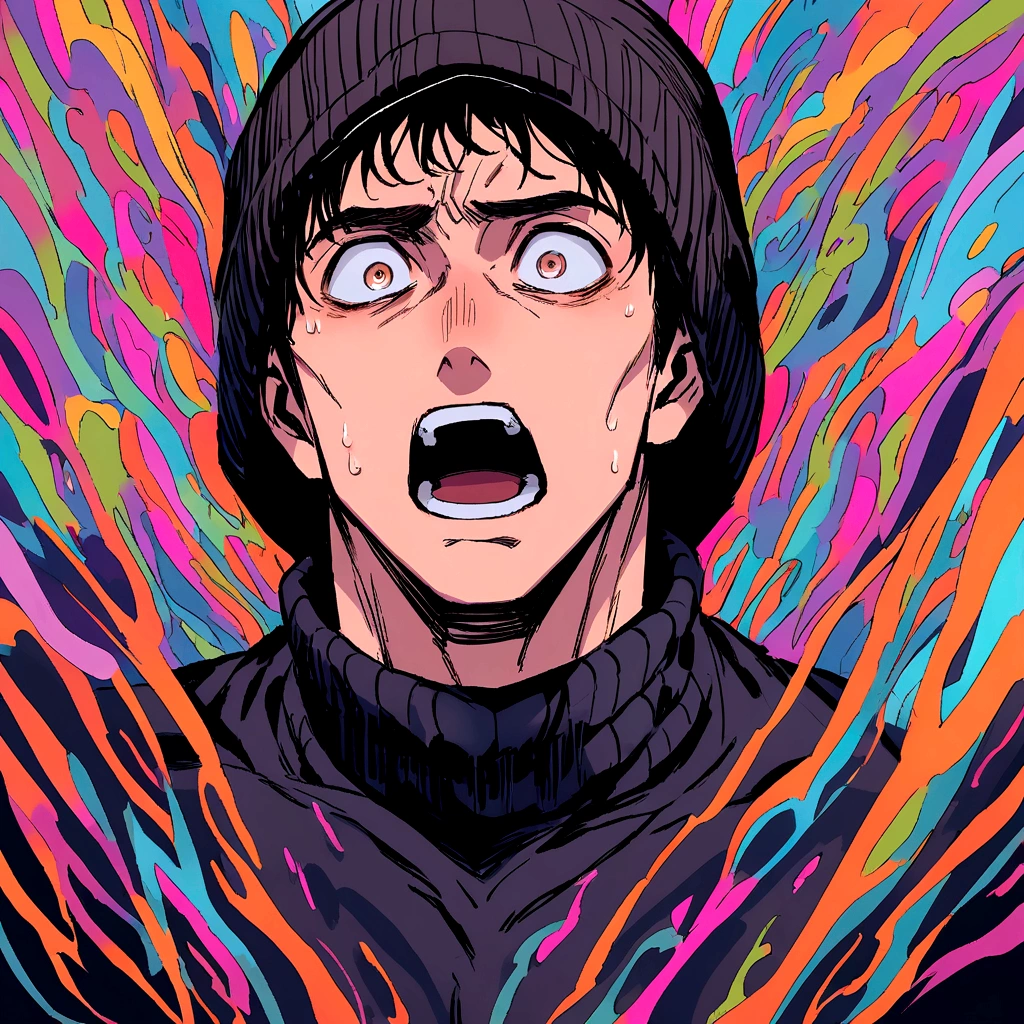 Muscular boy with a black beanie hat and his MEDIUM BROWN HAIR is noticeable, he is terrified by all the voices that surround him because of the madness