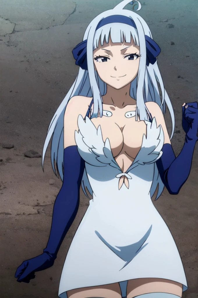 FAIRY TAIL ANGEL, LONG HAIR, BANGS, BLUE HAIR, HAIRBAND, BLUE HAIRBAND, AHOGE, THIGHHIGHS, GLOVES, DRESS, CLEAVAGE, ELBOW GLOVES, WHITE DRESS, 1girl, solo, facing viewer, (evil smile:1.3),Highly detailed CG Unity 8K wallpaper, perfect lighting,laugh at,too evil smile,too evil smirk,looking down at viewer,,smile bad,deep shaded face,too evil fall,dark world background,two hands,five fingers,