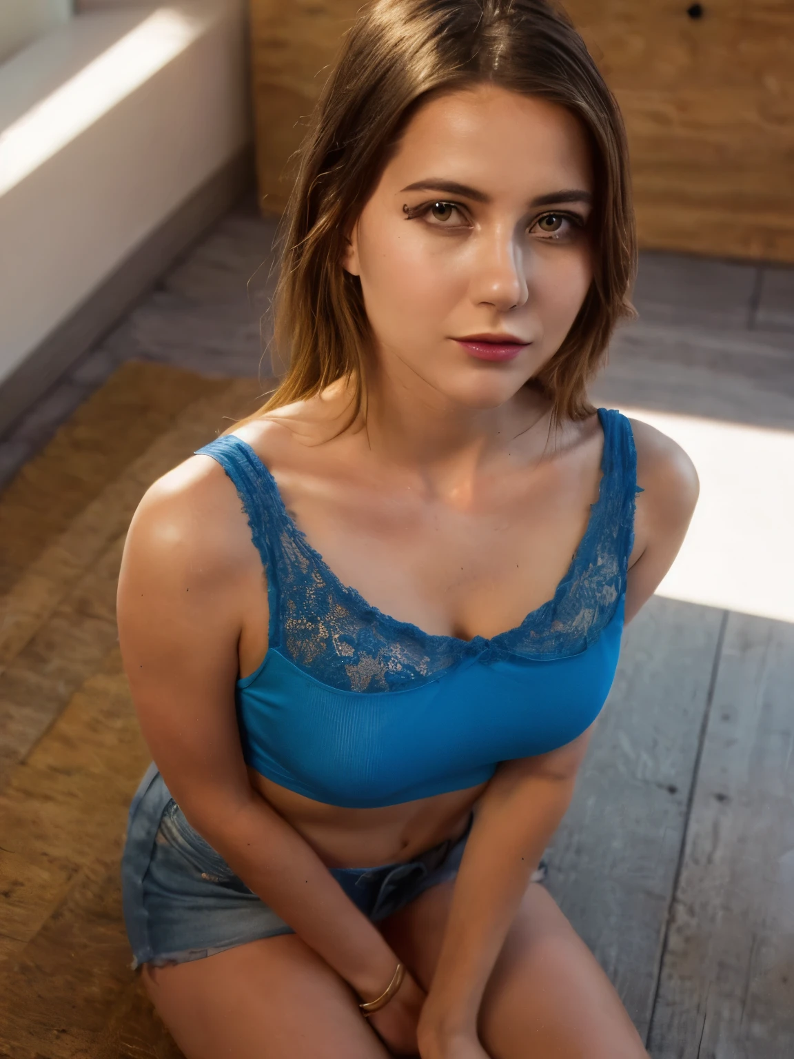 (((ultra realistic))) Photo of LaGermania, masterpiece, top quality, (pale skin), (Ultra detailed face and eyes:1.3), 1 girl, Adult, in a T-shirt, ((Eye makeup, mascara)), (large detailed lips), ((Pink волосы в хвост)), ((Chyolka)) , (Natural breasts), Slim waist. ((Posing)), photoshoot, studio (soft lighting), (The play of light and shadows), depth of field, bokeh, (special attention to skin detail: 1.2), Detailed leather texture, skin pores. (Warm atmosphere of the frame. Color range - purple, Pink, blue tones), UDR, ((Film grain)), ((rays)), (Glare), ((Photo to the waist, view from above)) , ultra detialed,