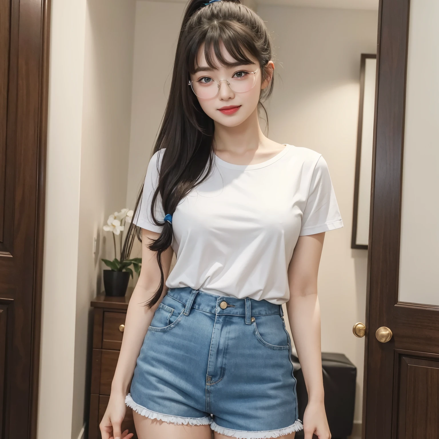 (Best quality, masterpiece, detailed), (RAW, 4k, hd images), shy, 1 girl, , white skin, long hair, ponytail, layers hair, bangs, black hair, beautiful girl, cute girl, sweet girl, pretty girl,perfect girl, pretty eyes, blue eyes, thin lips, thin,(eye line, lip stick soft), perfect , glasses(detailed frame), indoors, smile, thigh, full body, white tshirt clothea, blue short pants, standing