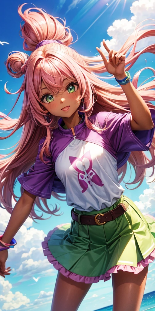 Cute girl, brown skin, with very pink hair, tall hair, bright shining green eyes, flying, sky Background, purple skirt and top