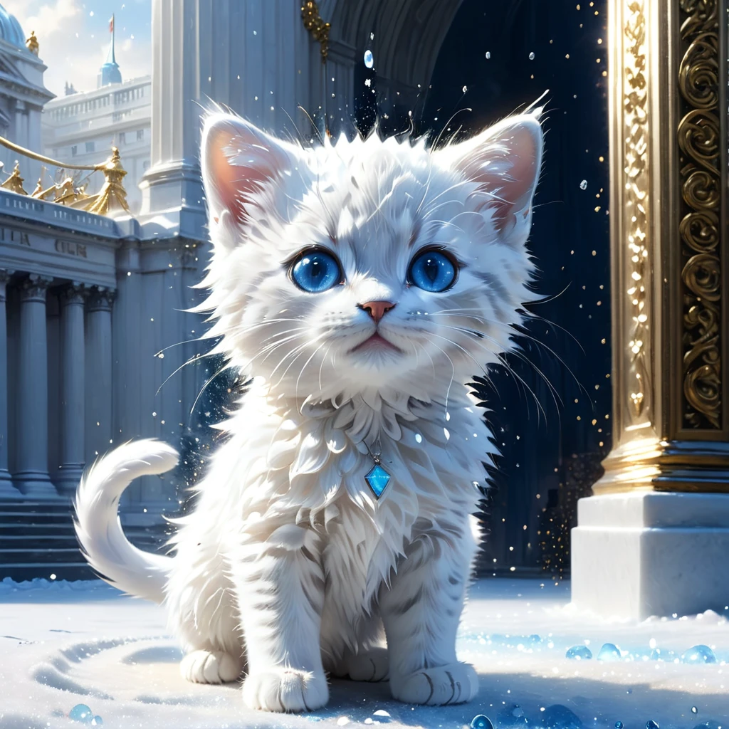 C4tt4stic, modern London, surrounded by countless particles of light, each shining brightly, Buckingham Palace gatesman, full body, standing, fantasy art, exquisite detail, Jean-Baptiste Monge style, Alan Lee style, anthropomorphic blue-eyed white furry kitten, movie scene, dramatic shot angle, atmospheric grain, realistic, raw cinematic photorealism, action portrait, 8k, detailed, full frame