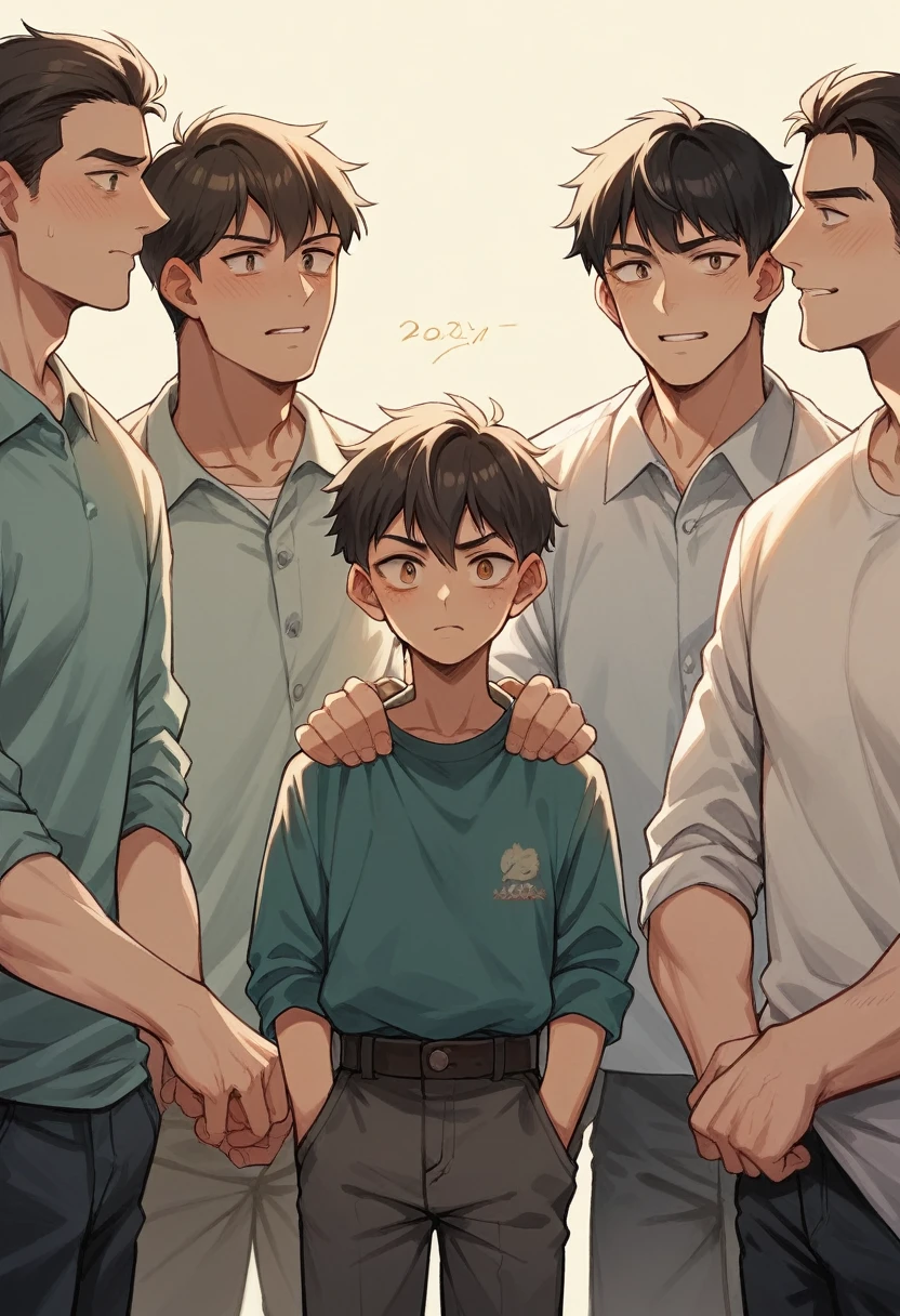 8 family photos in the format of 5 boys consisting of 19 year olds, years old, 5 years old, 4 years old, 1 year old, 1 tomboy girl aged 18 years, both parents are 23 years old