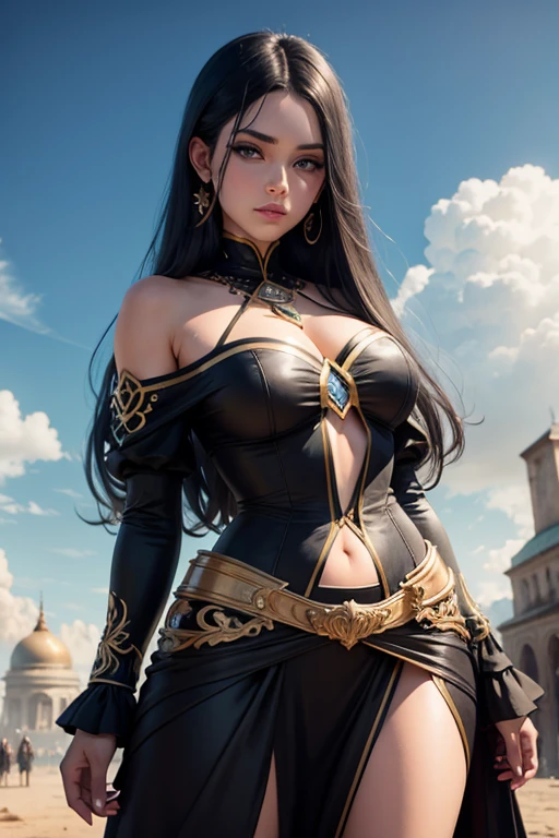 Utopian character, Woman, long black hair, sky blue eyes, beautiful face with strong and unique features , Brazilian traits longer clothes
