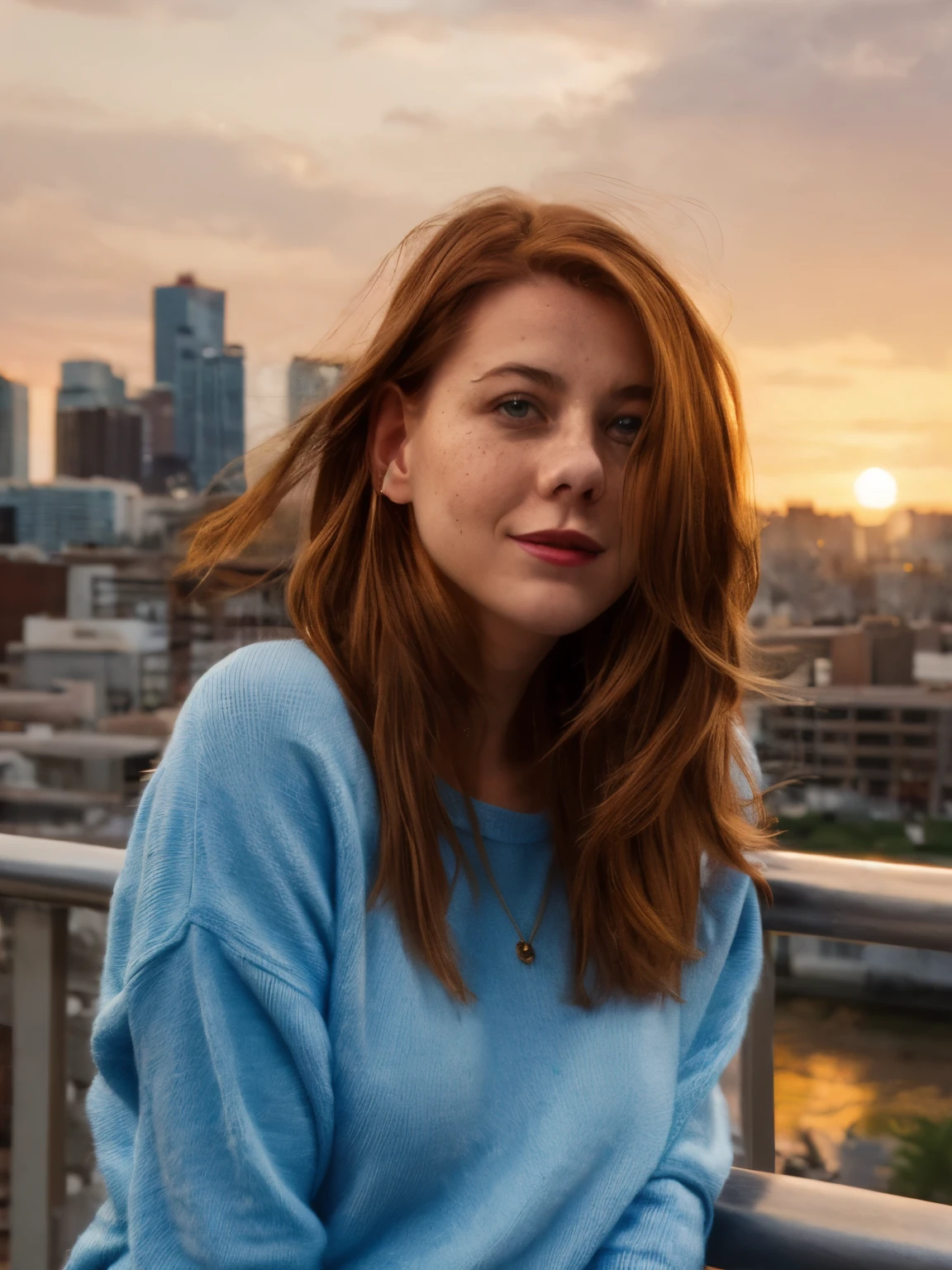(perfect lighting, perfect perspective, Russian girl LaGermania, Russian traits, natural red hair,1girl, beautiful jaw, high detailed, perfect , realistic, 8k raw,face detailed, Red hair, gazing at viewer, jewelry, (bangss) freckles (blue colored eyes) shorth hair, fully body, short hair style, short red hair style) Tokyo, sweatshirt, sunset, smiling, sitting on handrail, floating hair, bridge, hair flowing to the side,