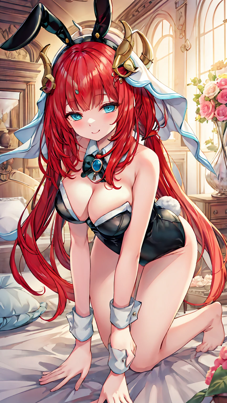 nilou_genshin, long_hair, bangs, red_hair, horns, Veil, jewelry, fake_horns, , twintails, smile, blush, parted_bangs, brooch, aqua_eyes break (lack playboy , overexplosure:1.3), barefoot, barefoot, (:1.5), Half-closed eyes, (On the bed:1.4) break looking at viewer, (Cowboy Shot:1.5), smile,下から構figure, Thighs, セクシー break (masterpiece:1.2), Highest quality, High resolution, unity 8k wallpaper, (figure:0.8), (美しいFine grain:1.6), Highly detailed face, Perfect lighting, Highly detailed CG, (Perfect hands, Perfect ) break ((masterpiece,Highest quality)), Super detailed, Shine, Shine光, Ray Tracing, (Perfect Face, Detailed face, Fine grain, Perfect hands, Perfect Fingers:1.5), HD, Super cute face, Highest quality, Super detailed break Shine目, (Highest qualityの写実的なイラスト), (Super fine), (Cute illustrations:1.3), (High chroma:1.3),, Beautiful detailed face and eyes, Dynamic lighting, (Very delicate and beautiful) break (Nice hands), (Perfect hands:1.4), Highly detailed illustration, Super cute and beautiful, Highest quality, slender, ,Baby Face,
