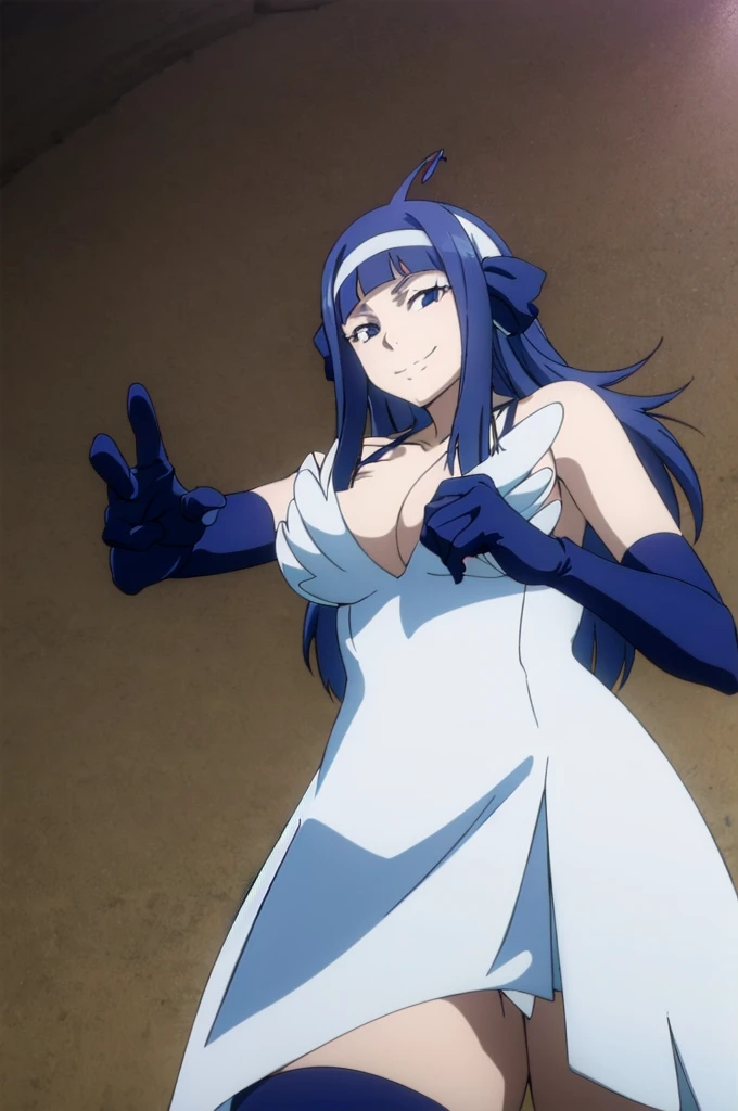 FAIRY TAIL ANGEL, LONG HAIR, BANGS, BLUE HAIR, HAIRBAND, BLUE HAIRBAND, AHOGE, THIGHHIGHS, GLOVES, DRESS, , ELBOW GLOVES, WHITE DRESS, 1girl, solo, facing viewer, (evil smile:1.3),Highly detailed CG Unity 8K wallpaper, perfect lighting,laugh at,too evil smile,too evil smirk,looking down at viewer,,smile bad,deep shaded face,too evil fall,dark world background,two hands,five fingers,