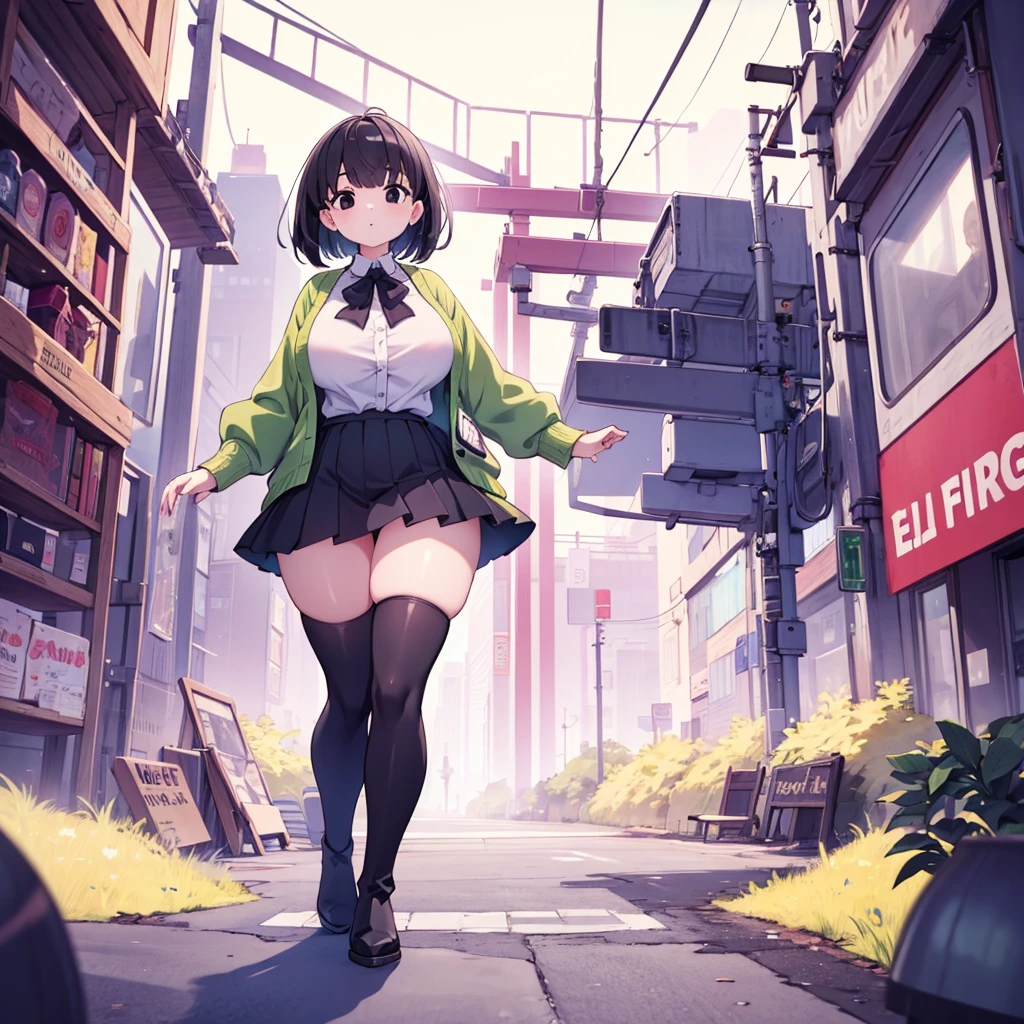 Highest quality, 1girl, solo, large breasts, wide hips, thick thighs, black skirt, green cardigan, white blouse, standing, black hair, black eyes, bangs, long boots, tall