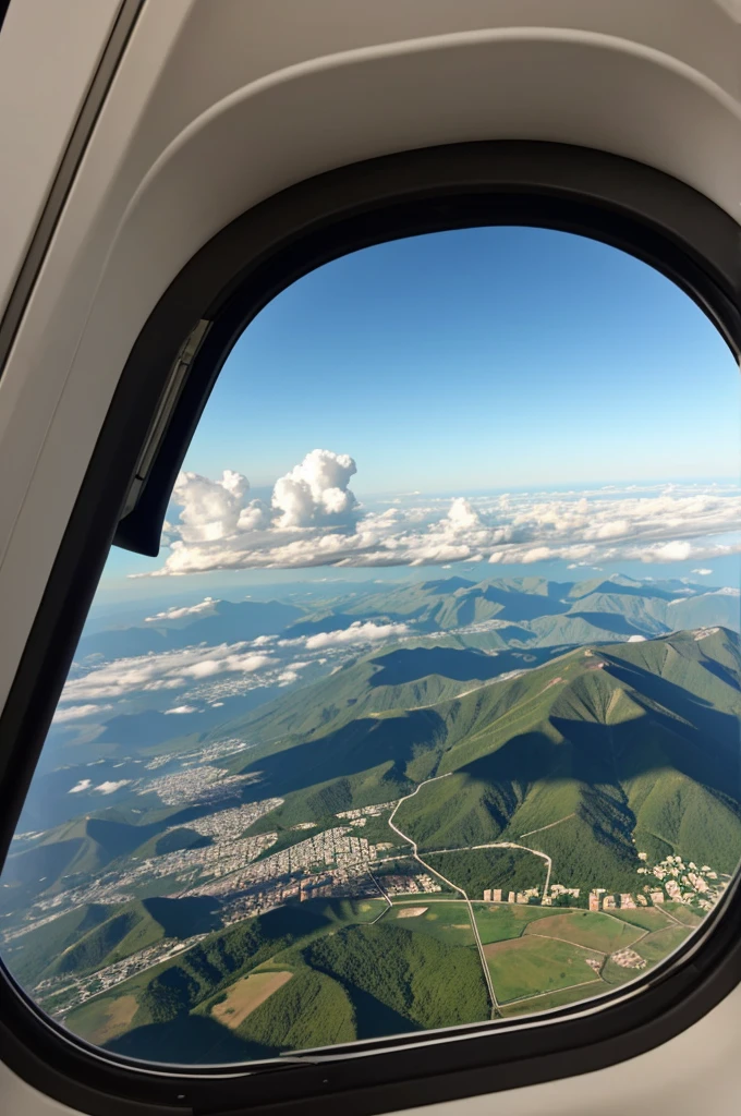 An airplane window in the background of Venezuela