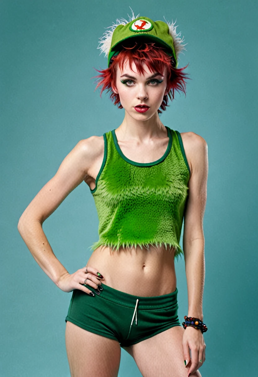 peter pan punk woman, shaggy hairy sporty athletic body, green peter pan hat
