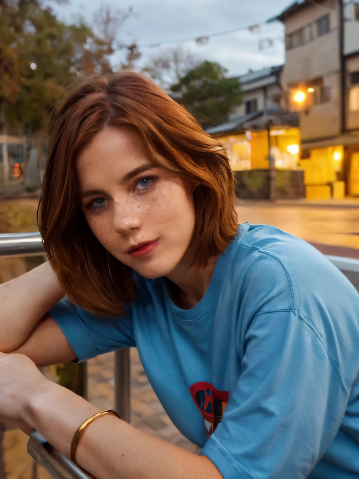 (perfect lighting, perfect perspective, Russian girl LaGermania, Russian traits, natural red hair,1girl, beautiful jaw, high detailed, perfect , realistic, 8k raw,face detailed, Red hair, gazing at viewer, jewelry, (bangss) freckles (blue colored eyes) shorth hair, fully body, short hair style, short red hair style) Tokyo, sweatshirt, sunset, smiling, sitting on handrail, floating hair, bridge, hair flowing to the side,