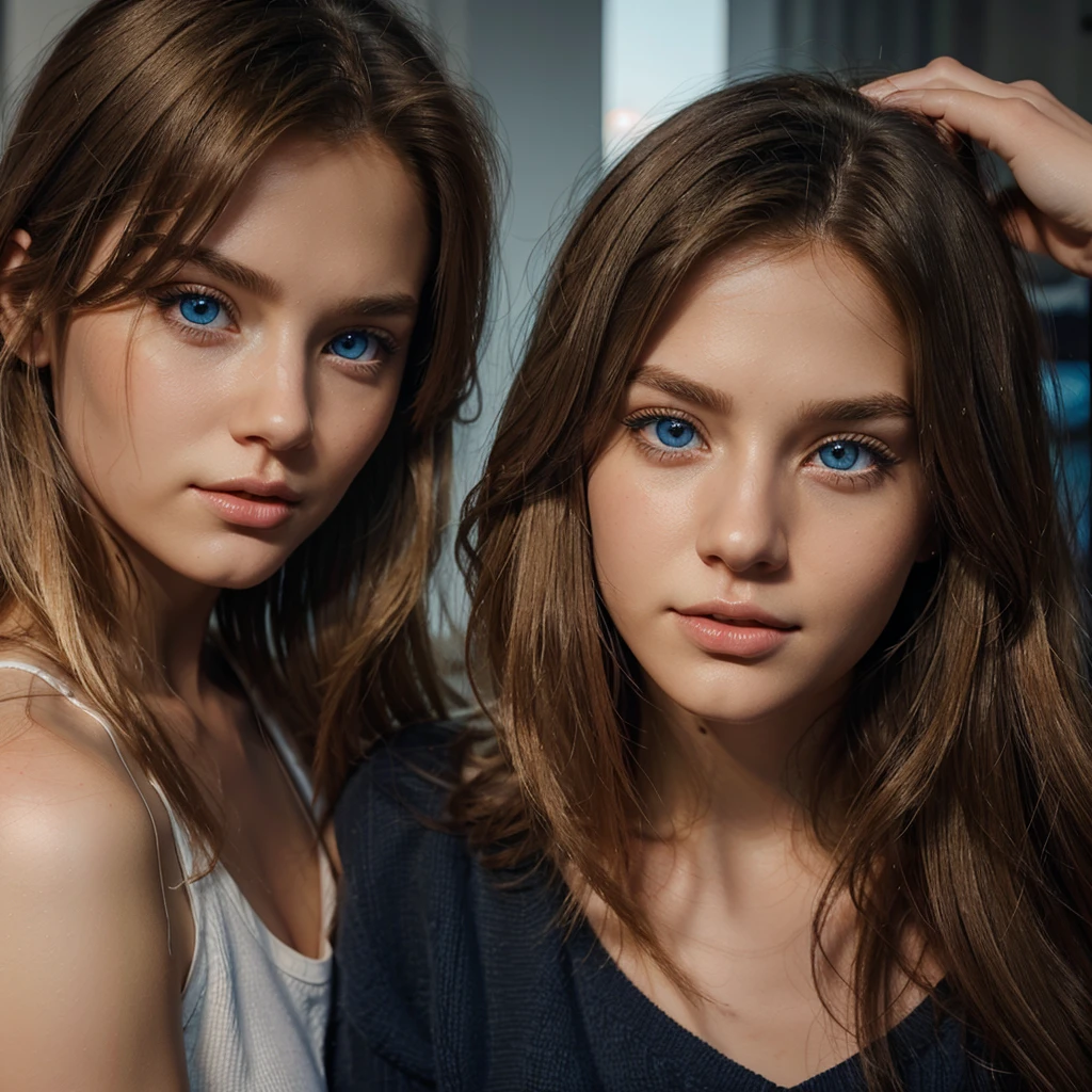 Animated realistic digital illustration of beautiful blonde girl mesmerizing blue eyes and loose straight hair and handsome black hair boy and amber eyes looking at her 