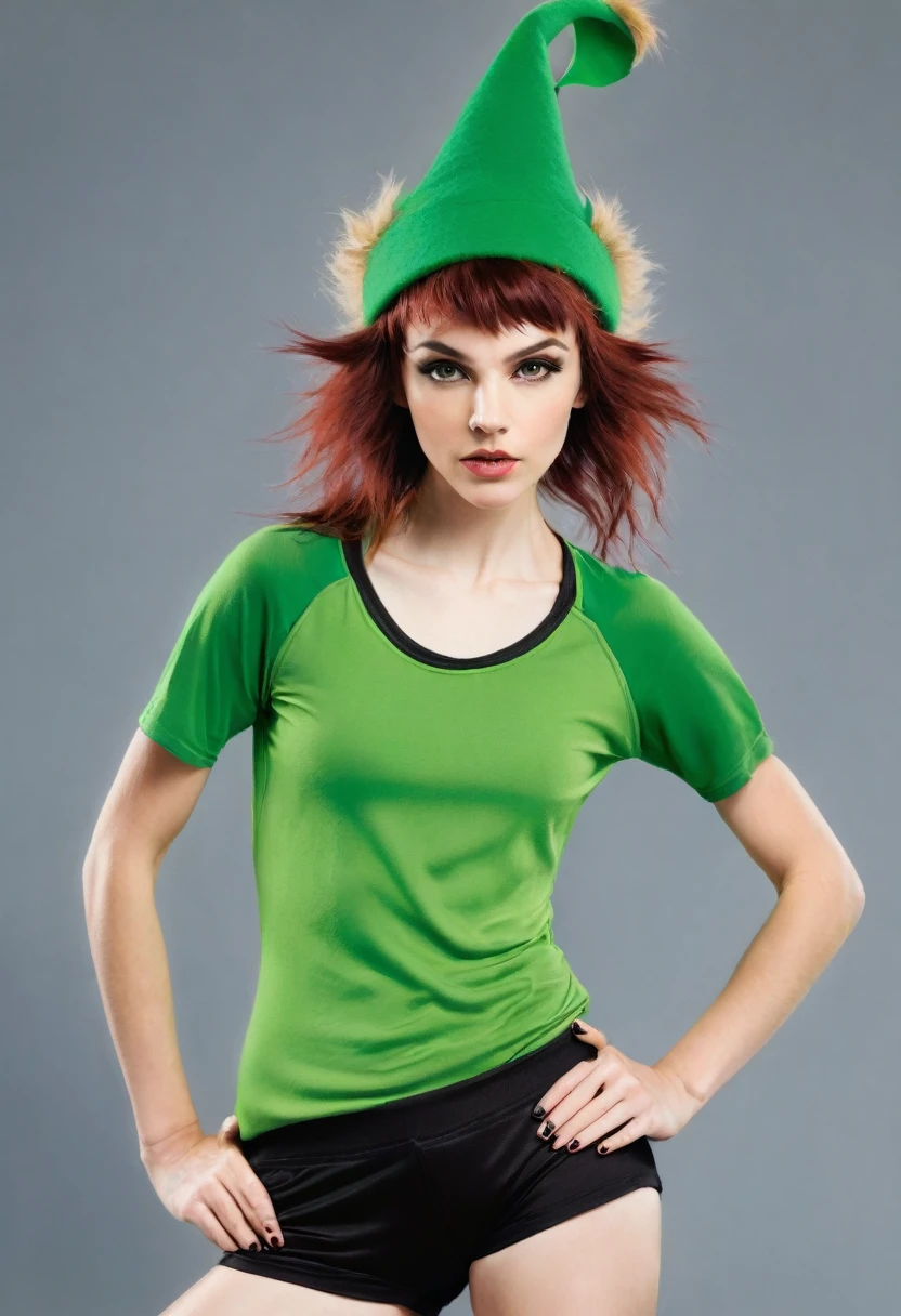 peter pan punk woman, shaggy hairy sporty athletic body, green peter pan hat