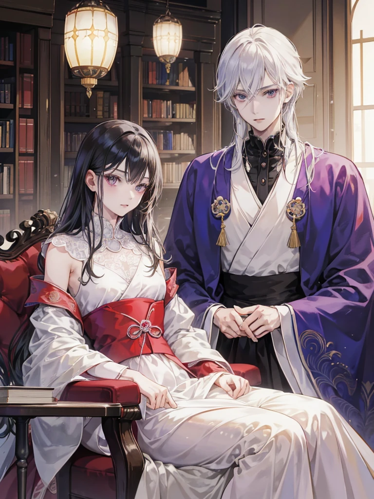 anime image of two people in a library with a table and chairs, two anime handsome men, anime key visual of elegant, ((wearing aristocrat robe)), dapper dream demon, my dress up darling anime, machiavellian puppetmaster, royal attire akira, inspired by Tomioka Tessai, ryuta ueda artwork, beautiful androgynous prince