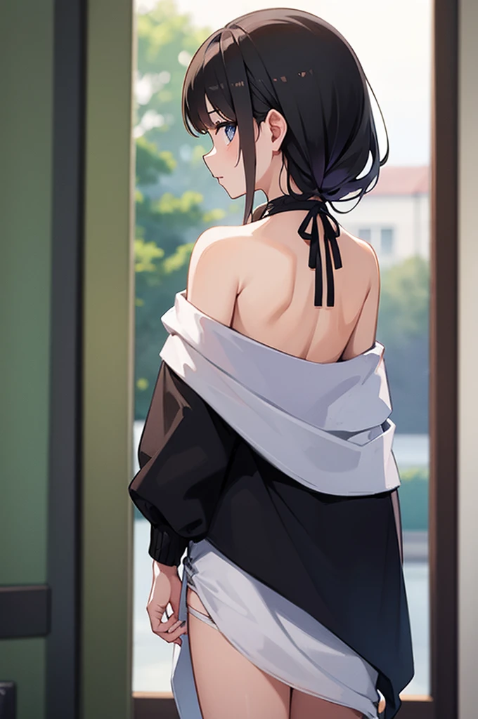 girl looking over her shoulder from behind