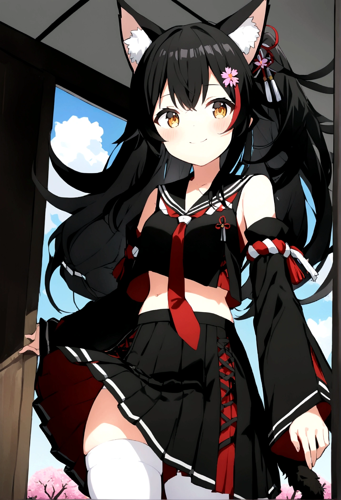 score_9, score_6_up, source_anime, 1girl, solo, cherry blossom, mio_base, long hair, hair ornament, sailor collar, red necktie, black shirt, black skirt, detached sleeves, midriff, kouhaku nawa, white thighhighs, tail wrap, tail around leg, light smile 