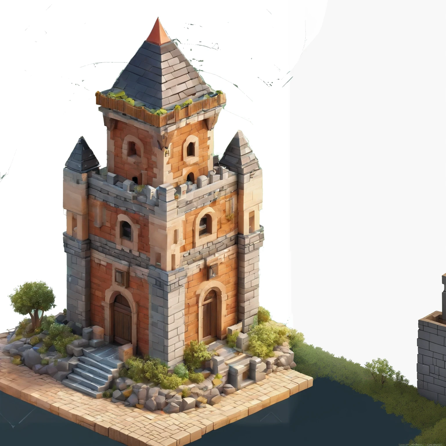 Extend this medieval castle, with a longer wall to the side, with another tower on the corner