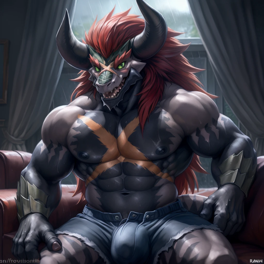 solo, breath (ultra detailed), a beautiful and detailed full size portrait of a male anthro batzz, demon lord dragon batzz, dragon tail, green eyes, detailed eyes, black body, black skin, long hair, red hair, horns, scar, tail, bedroom eyes, detailed eyes, big body, sexy body, (wide body). goddess, kenket, Ross Tran,ruan jia, trending on artstation,foxovh, cenematic lighting, buff, big pecs, vip, muscular anthro, spike arms, strong legs, looking at viewer, ((big pecs, nipples, big pecs, black shirt, blue shorts, bulge))), day, wet, front view, front shot, far view, sitting on couch, arms behnd head, open mouth, blush, smile, living room, raining,