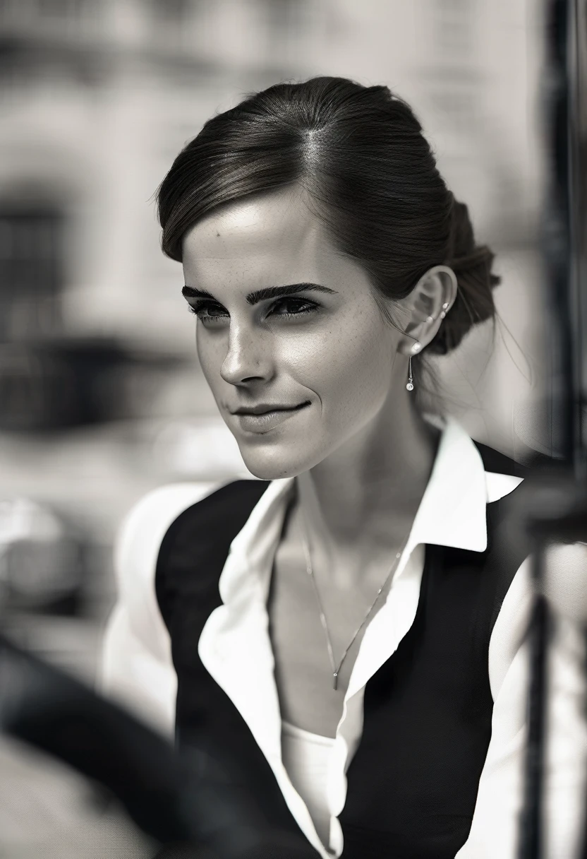 high quality Erotic paparazzi photograph of Emma Watson , (emxwtsn,long brown hair, long brown hair pulled back, hair bun ) , random erotic photograph , she is wearing a sweaty blouse, mini blouse, warm environment , bright sun,seductive, tired woman , fit muscular woman , depth of field, insanely detailed skin texture, hyper detailed features