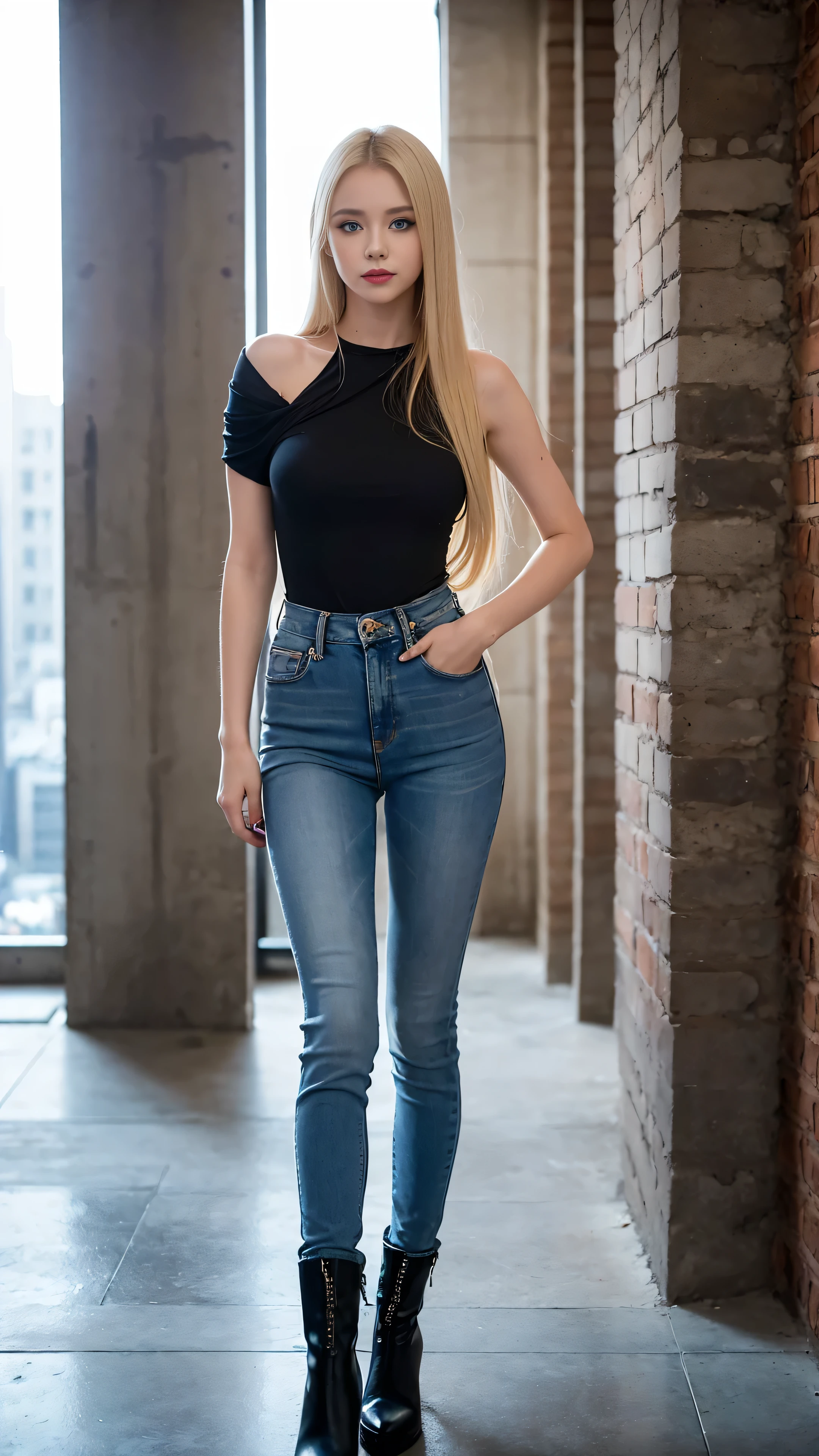 a one woman ((blonde)) com blue colored eyes esbelta blonde ((long straight blonde hair)), ((blue colored eyes)), black lipstick on the lips with a slight smile, wearing a loose black shirt that exposes the shoulders ,and jeans with black boots, is standing posing for a photo with hands on waist, the environment is the interior of a building under construction with bags of cement stacked with some bricks, sunlight illuminates the woman, In the background you can see the landscape of a city with buildings in the background, professional photography quality the image highlights the quality of the photography and the beauty of the woman's eyes and hair including her clothes the framing captures the entire woman standing, highlighting the shine of your blue eyes.