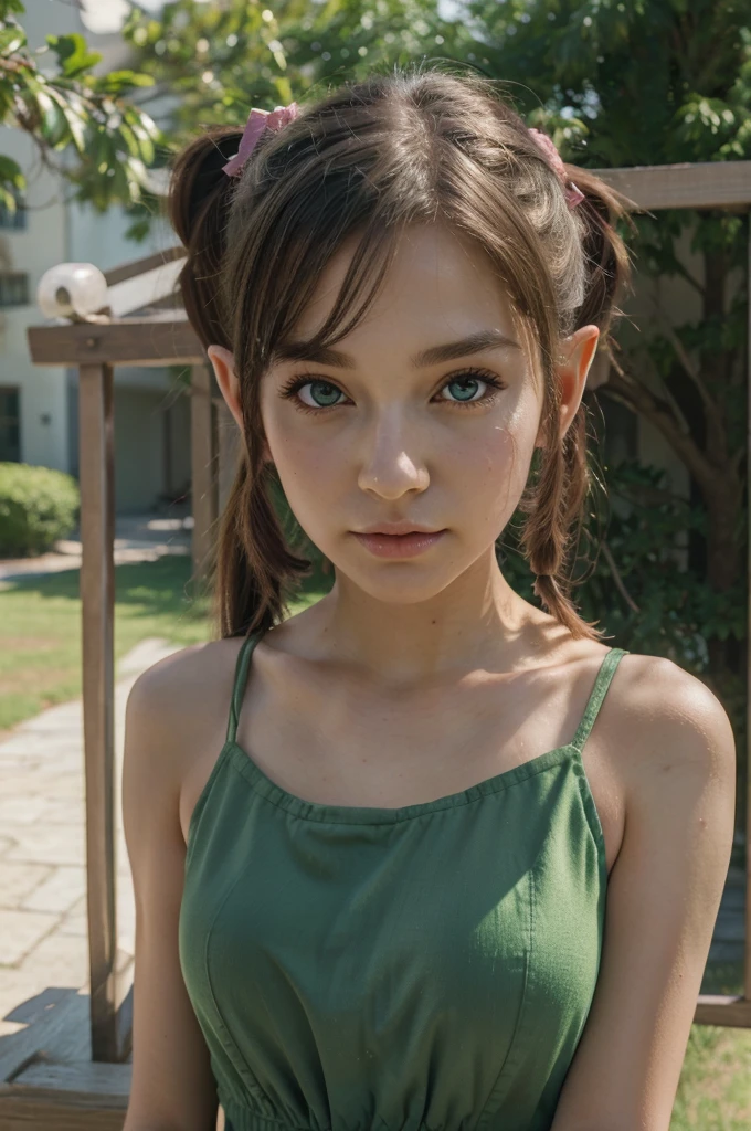 ((best quality)), ((masterpiece)), (detailed), perfect face, anime, elf, pigtails 2, PINK eyes, mid-short green dress