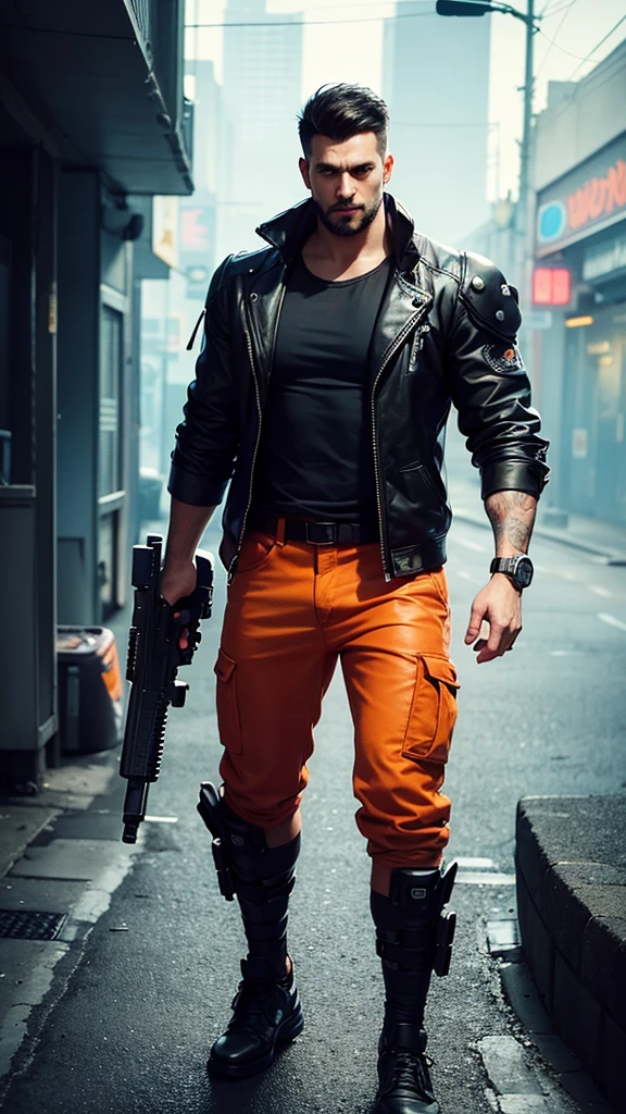 Create an illustration in the cyberpunk style featuring a man named John with black hair and a faded military cut. He has a short beard, brown eyes, and a serene smile. He is wearing a black stylish blazer and carrying a holster with a gun, while holding a black PS4 controller. John is holding his baby (his son) who has brown eyes, wearing orange shorts and a tank top with cyberpunk patterns. The setting is a futuristic cyberpunk street with futuristic people and cars. The scene should be vibrant and cyberpunk, with vivid colors and futuristic patterns. The illustration should be a highly detailed digital painting, ultra-sharp quality, 8k super detailed, perfect.