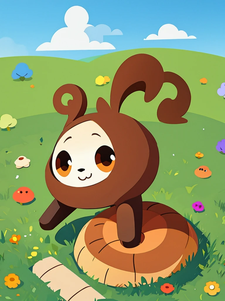 A spiral poop character, brown colored, looking at the camera, cute, 2 round eyes, adorable, spiral poop shaped, no mouth, on a grassy field, literal poop character