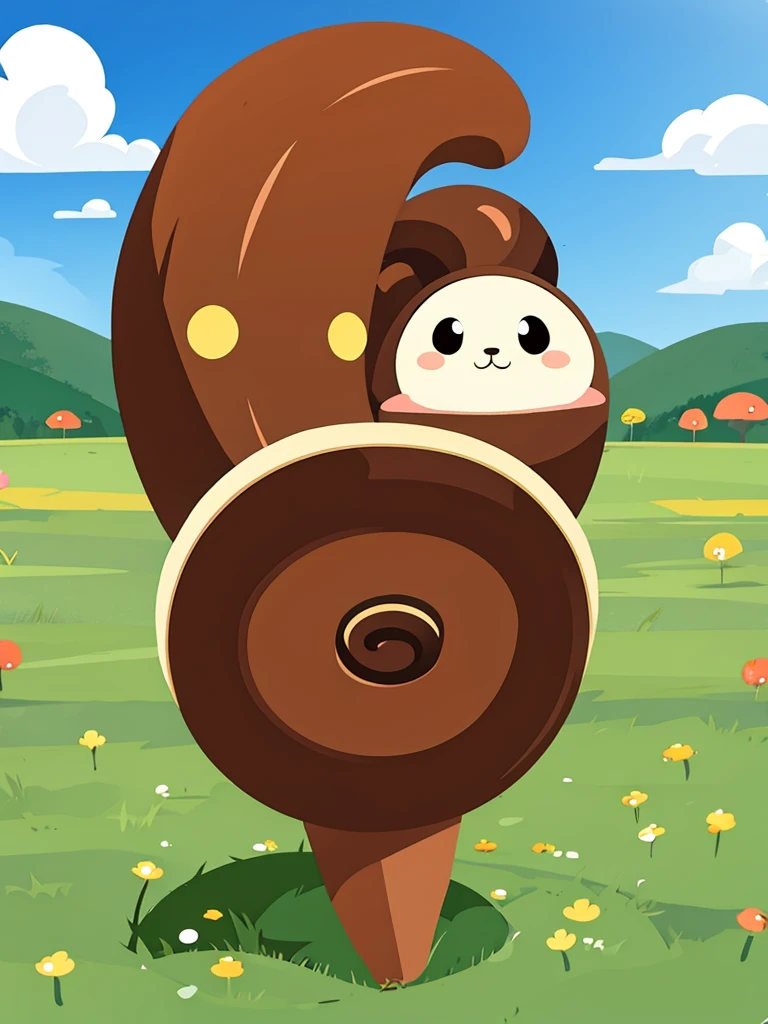 A spiral poop character, brown colored, looking at the camera, cute, 2 round eyes, adorable, spiral poop shaped, no mouth, on a grassy field, literal poop character
