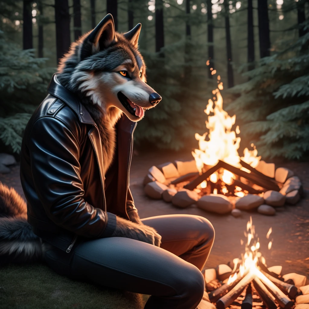 Sitting, Male, 30 years old, happy, mouth open with tongue hanging out, black leather jacket, anthro, wolf ears, (black fur:1.5), wolf, forest background, campfire, 8k, hi res, (best quality, masterpiece), (wolf tail:1.5), detailed fur,