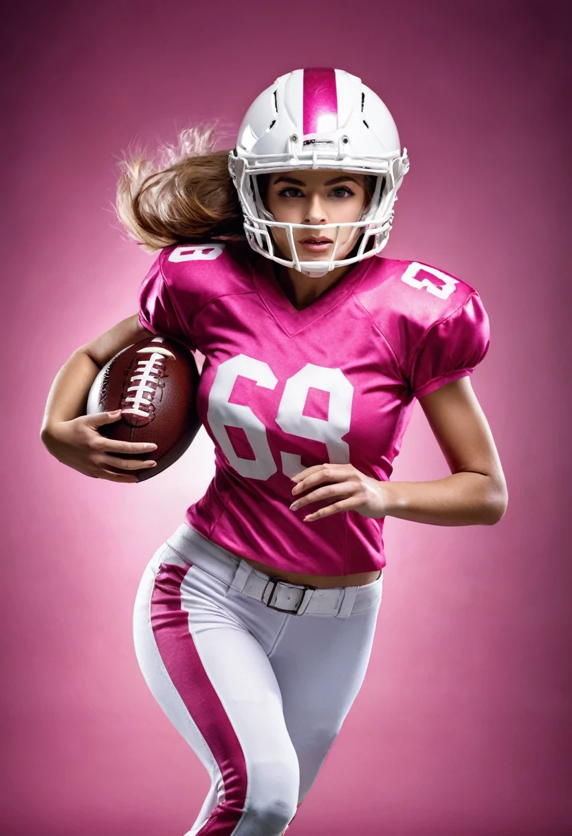 American football player woman, with pink uniform and helmet with white stripe, holding the American football ball, number 63 on the t-shirt, angelic beauty, running, photographic realism, cinema lighting.