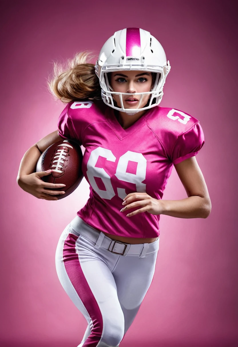 American football player woman, with pink uniform and helmet with white stripe, holding the American football ball, number 63 on the t-shirt, angelic beauty, running, photographic realism, cinema lighting.