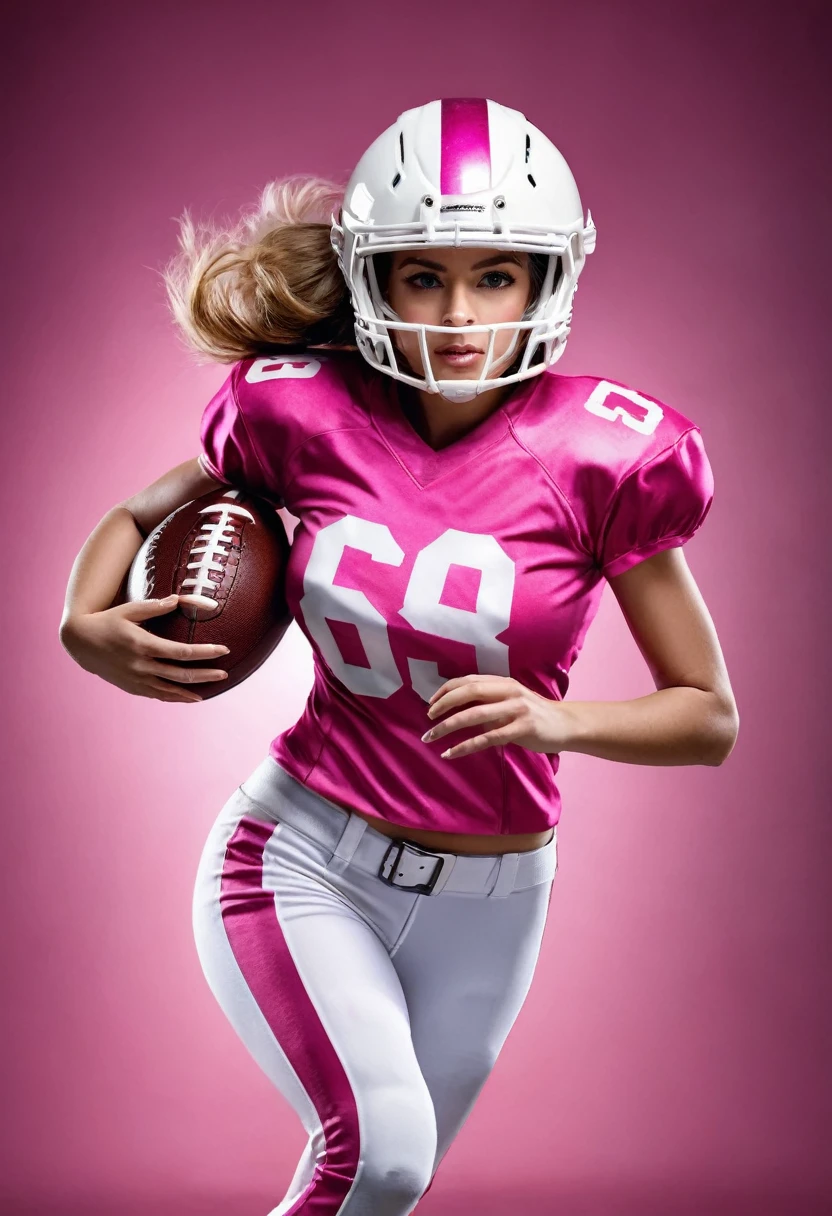 American football player woman, with pink uniform and helmet with white stripe, holding the American football ball, number 63 on the t-shirt, angelic beauty, running, photographic realism, cinema lighting.