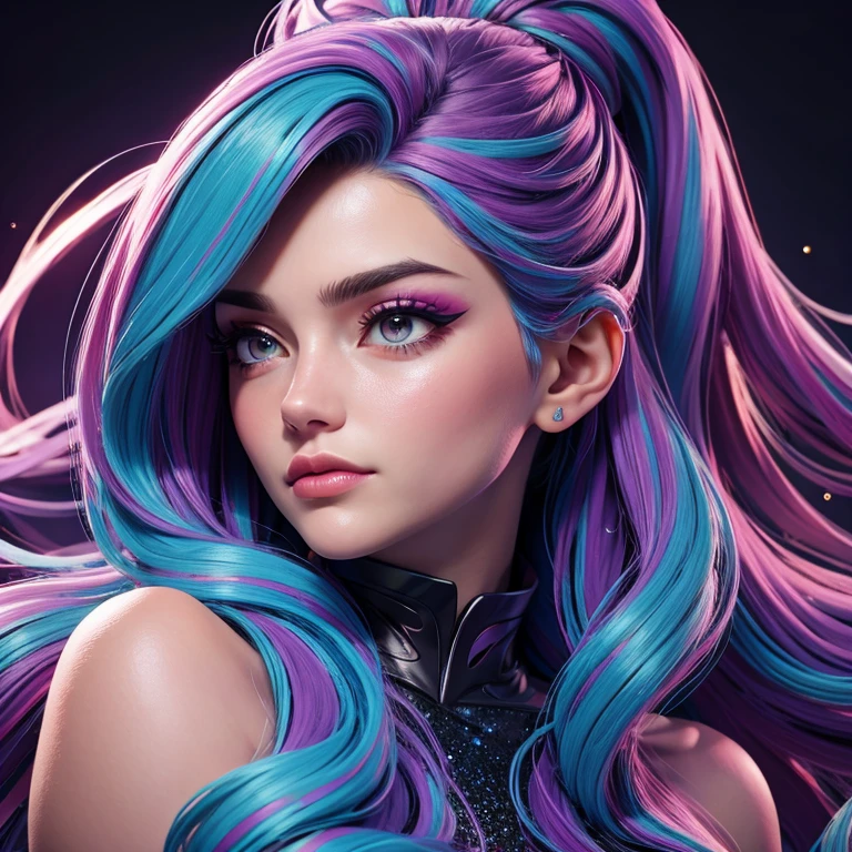 a portrait of a woman who looks very bored, glitter slime dripping from her face, she has long hair with colored streaks, neon lipstick