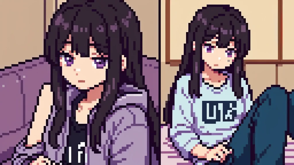One girl, 20 years old, downtrodden girl, tired girl, confused girl, uncertain posture, long hair, black hair, brown hair. eyes with a transition from blue to purple, dark hair, anime style, 4k image, full body, modern appearance. all the details have been worked out, modern clothes, full-fledged clothes, baggy clothes, cheap clothes, detailed face, lots of details, very detailed, deep, elaborate  expression, in the apartment, sleeping in bed, lying on the bed, sleeping