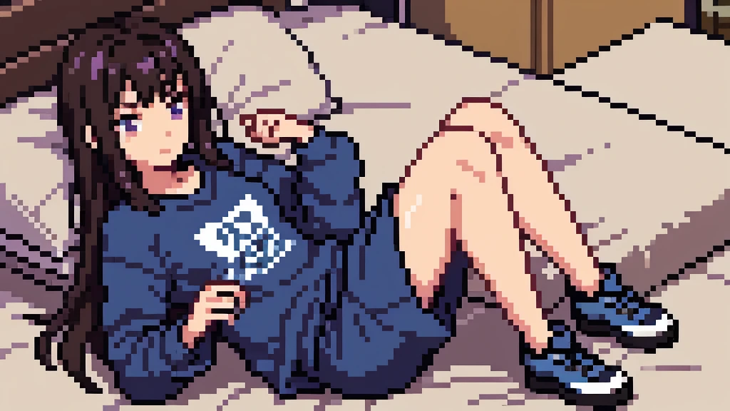One girl, 20 years old, downtrodden girl, tired girl, confused girl, uncertain posture, long hair, black hair, brown hair. eyes with a transition from blue to purple, dark hair, anime style, 4k image, full body, modern appearance. all the details have been worked out, modern clothes, full-fledged clothes, baggy clothes, cheap clothes, detailed face, lots of details, very detailed, deep, elaborate facial expression, in the apartment, sleeping in bed, lying on the bed, sleeping