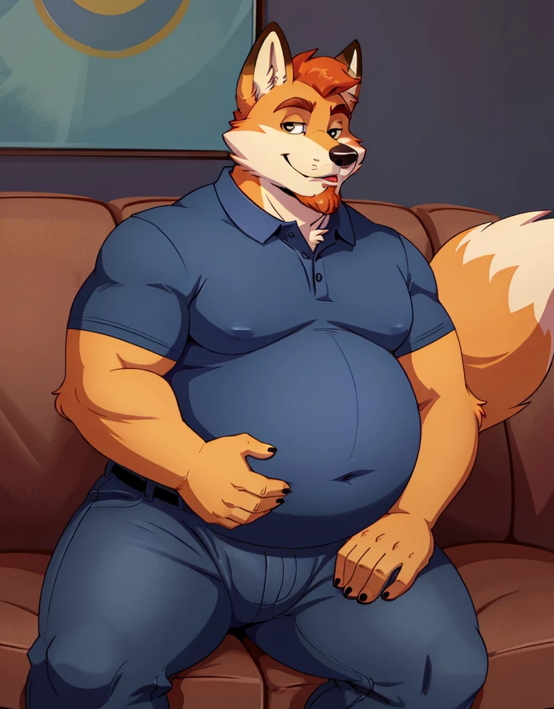 A male chubby anthropomorphic fox with a big belly and a beard , wearing a polo shirt and tight jeans, sitting on a couch