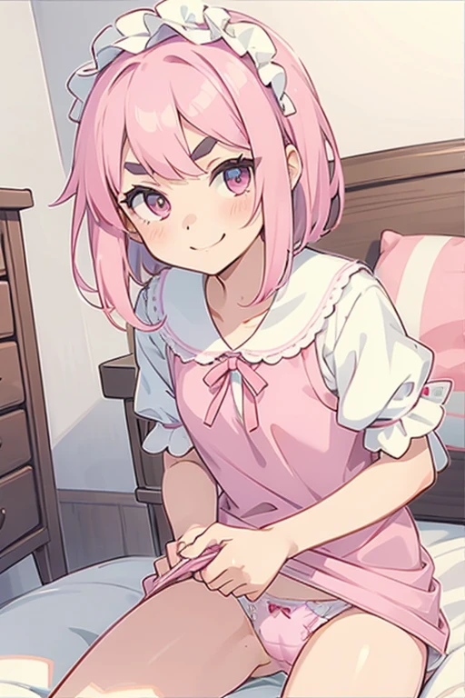 Girl with pink hair, long double-tailed hairstyle, ((small pink bushy eyebrows)), dressed in lolita clothing, marked vagina, lolicon (Zankuro) drawing style by zankuro artist, ザンクロー style, image uploaded to R34, looking at the camera with a flirty smile, modeling in his room, male pov, (panties pulling, self-pulling, pink panties:1.1) panties pulled to his knees