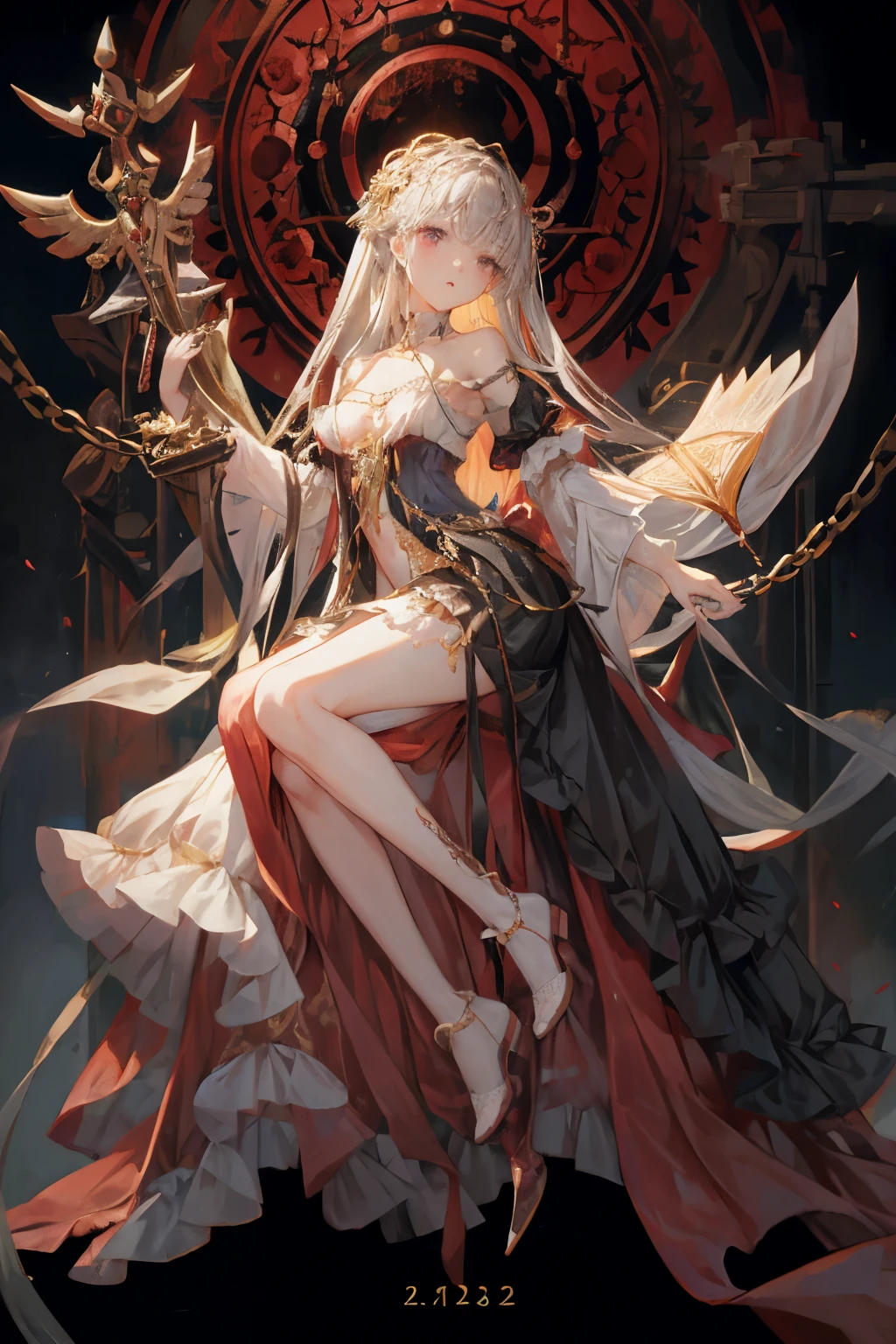 ((best quality)), ((masterpiece)), (detailed), 1girl, Character design, scholarly female, scholar, female scholar, educator, teacher, fortune teller, palm reader, astrology, astrological symbolism, star reading, celestrial theme, heavens, heavens above, constellations, dynamic poses, long white grey hair, grey white eyes, very skinny, detailed, best quality, no accesoires around the neck, no shoes, prominent collarbones, skinny arms, flat stomach, visible hip bones, full body, blank white background, plain background, white background, red and white clothing, Bloodborne inspired, occult aesthetic, occult, detailed and intricate steampunk and detailed gothic, NSFW, Fluttering lace flared long knee length dress with frilly petticoats, knee length dress, pleated petticoats, petticoats gothic, complex lace boots, gothic aesthetic, wielding a mighty sword with mechanical components, mandalas, small breasts, a fairy, various different types of insect wings, beetle wings, NSFW, full body, whole body, body, chains,