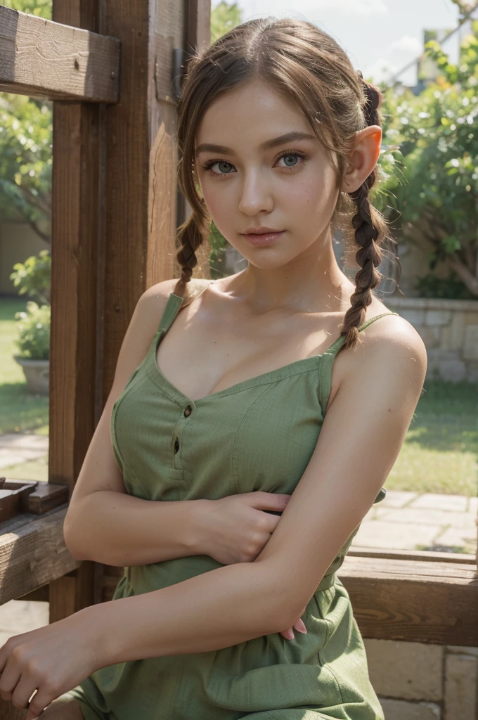 ((best quality)), ((masterpiece)), (detailed), perfect face, 2 dimension like character anime , elf, pigtails 2, PINK eyes, mid-short green dress