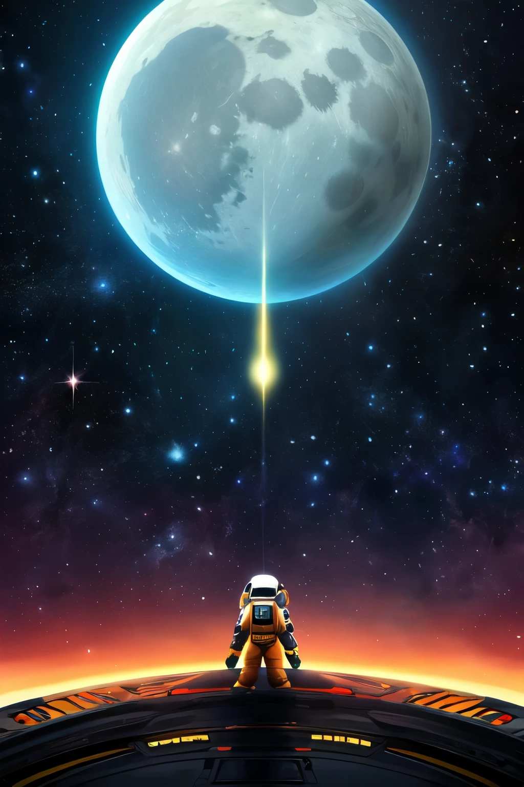 ((melhor qualidade)), ((Obra de arte)), (detalhado), 1 garota, suéter ombro a ombro, Generate a futuristic digital art composition featuring an astronaut exploring the moon. Include a backdrop of a starry sky with prominent stars and distant galaxies. The scene should depict a sleek, advanced spaceship hovering near the astronaut. In the background, incorporate a mysterious alien creature observing the astronaut from a distance. The overall atmosphere should convey a sense of wonder, exploration, and the unknown