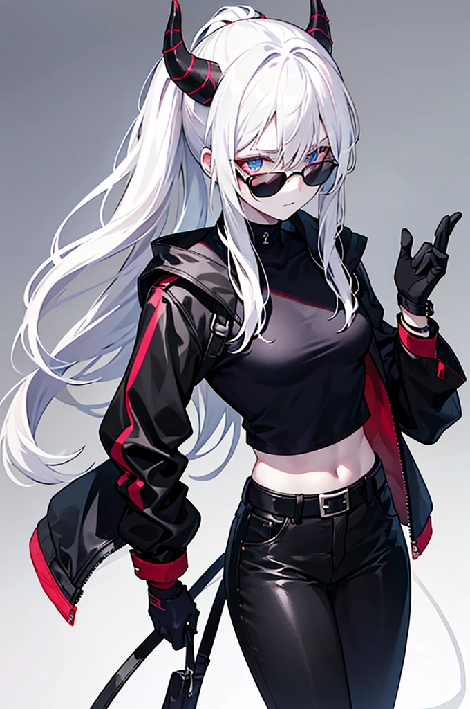 - **Hair**: She has white hair, often tied in a messy ponytail with a few loose strands framing her face.
- **Horns**: Two small black horns come out of his head, giving him a demonic appearance.
- **Eyes**: His eyes are pale, almost white, adding to his mysterious and intimidating aura.
- **Clothes**: She wears a tight red tank top, a black jacket over it, and tight black pants with a silver buckled belt.
- **Accessories**: She has red combat gloves with the initials "HPJ" written on them. Black sunglasses sit atop her head, enhancing her bold look.
- **Other Details**: His expressions are generally nonchalant and confident, demonstrating his confidence and fearless character.