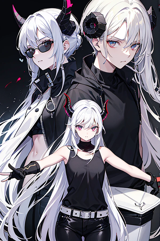 - **Hair**: She has white hair, often tied in a messy ponytail with a few loose strands framing her face.
- **Horns**: Two small black horns come out of his head, giving him a demonic appearance.
- **Eyes**: His eyes are pale, almost white, adding to his mysterious and intimidating aura.
- **Clothes**: She wears a tight red tank top, a black jacket over it, and tight black pants with a silver buckled belt.
- **Accessories**: She has red combat gloves with the initials "HPJ" written on them. Black sunglasses sit atop her head, enhancing her bold look.
- **Other Details**: His expressions are generally nonchalant and confident, demonstrating his confidence and fearless character.