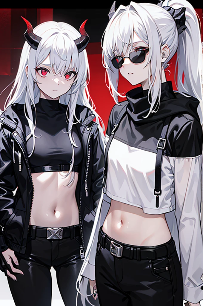 - **Hair**: She has white hair, often tied in a messy ponytail with a few loose strands framing her face.
- **Horns**: Two small black horns come out of his head, giving him a demonic appearance.
- **Eyes**: His eyes are pale, almost white, adding to his mysterious and intimidating aura.
- **Clothes**: She wears a tight red tank top, a black jacket over it, and tight black pants with a silver buckled belt.
- **Accessories**: She has red combat gloves with the initials "HPJ" written on them. Black sunglasses sit atop her head, enhancing her bold look.
- **Other Details**: His expressions are generally nonchalant and confident, demonstrating his confidence and fearless character.
