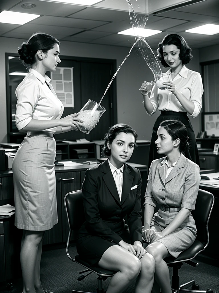 1950 Era Office woman sitting in an office chair dressed in office skirt suit with two women co-workers pouring pitchers of water on head, wet office suits, water running thru clothes
