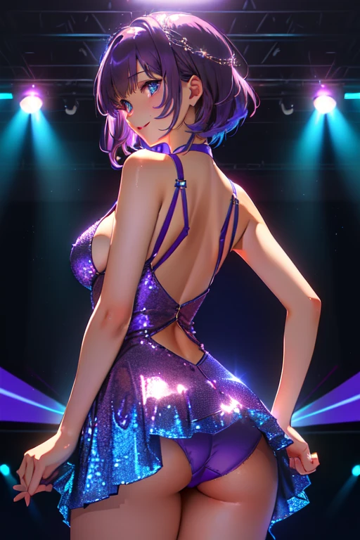 ((tanned adult woman), (( short purple hair, blue colored eyes,)), short red mini dress ( can you see the  ), with sequins, open in the back, White-, tight ), slender, smile cute, (( dançando  in a nightclub )) , red lipgloss stick, (( on her back looking at the camera showing her  )) (( in a nightclub )), Masterpiece artwork, high qualiy, rear lighting ))