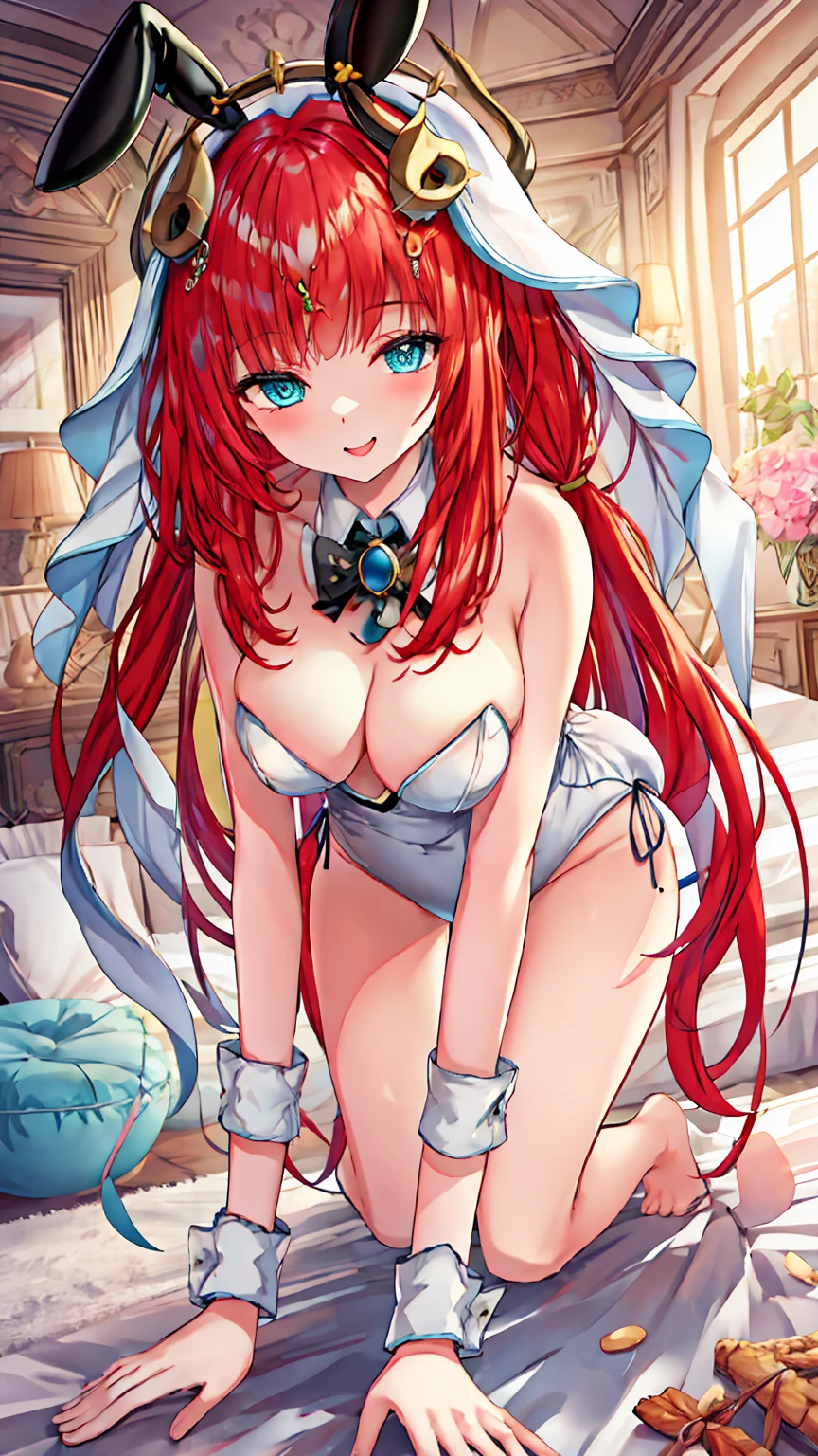nilou_genshin, long_hair, bangs, red_hair, horns, Veil, jewelry, fake_horns, breasts, twintails, smile, blush, parted_bangs, brooch, aqua_eyes break (lack playboy bunny, overexplosure:1.3), barefoot, barefoot, (on all fours:1.5), Half-closed eyes, (On the bed:1.4) break looking at viewer, (Cowboy Shot:1.5), smile,下から構figure, Thighs, セクシー break (masterpiece:1.2), Highest quality, High resolution, unity 8k wallpaper, (figure:0.8), (美しいFine grain:1.6), Highly detailed face, Perfect lighting, Highly detailed CG, (Perfect hands, Perfect Anatomy) break ((masterpiece,Highest quality)), Super detailed, Shine, Shine光, Ray Tracing, (Perfect Face, Detailed face, Fine grain, Perfect hands, Perfect Fingers:1.5), HD, Super cute face, Highest quality, Super detailed break Shine目, (Highest qualityの写実的なイラスト), (Super fine), (Cute illustrations:1.3), (High chroma:1.3),, Beautiful detailed face and eyes, Dynamic lighting, (Very delicate and beautiful) break (Nice hands), (Perfect hands:1.4), Highly detailed illustration, Super cute and beautiful, Highest quality, slender, ,Baby Face,
