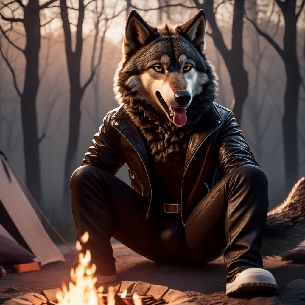Sitting, Male, 30 years old, happy, mouth open with tongue hanging out, black leather jacket, anthro, wolf ears, (black fur:1.5), wolf, forest background, campfire, 8k, hi res, (best quality, masterpiece), (wolf tail:1.5), detailed fur, solo